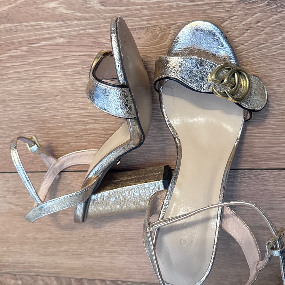 Gucci Marmont Silver Metallic Block Heel Sandals with GG Accent